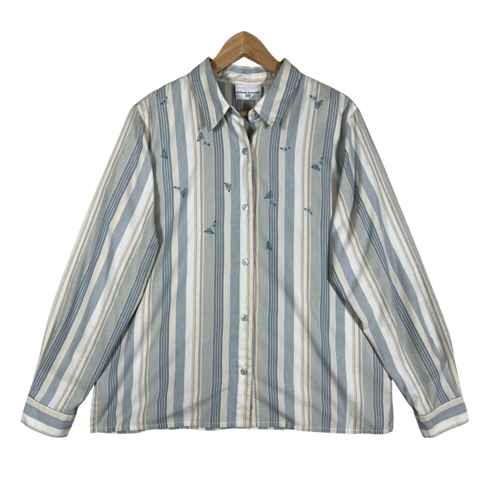 Alfred Dunner Striped Button‎ Down Shirt Womens 16 Floral Embroidery Long Sleeve